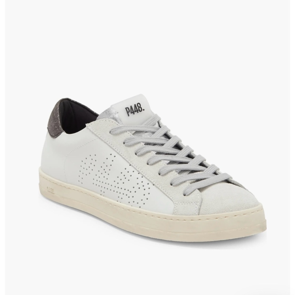 NWOT P448 John Sneaker, White + Metallic Silver, size US 6-6.5 or EU 36